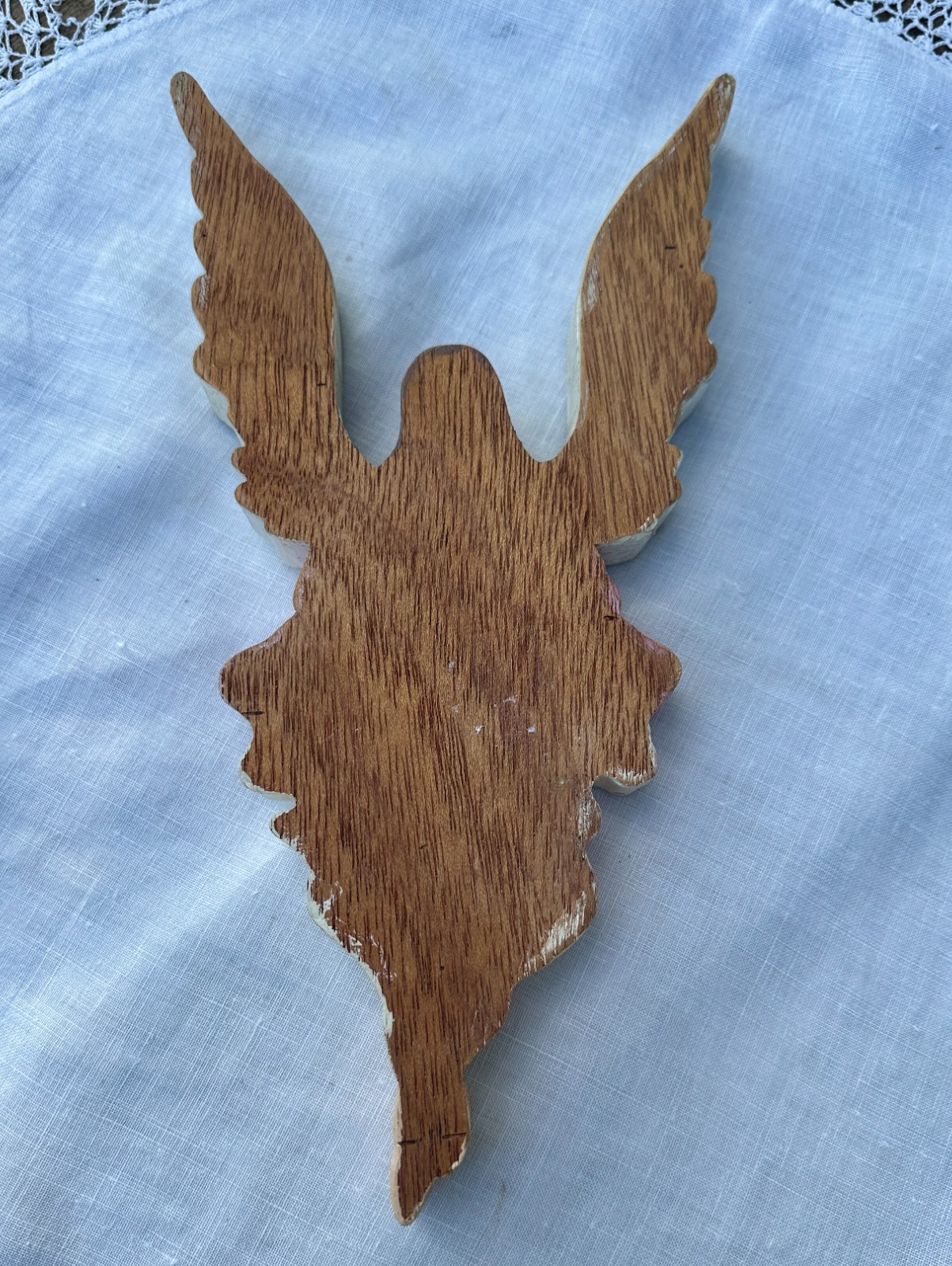 Handmade 3D Intarsia Mixed Wood Art Angel Plaque 11″x6.5″ Pink/White