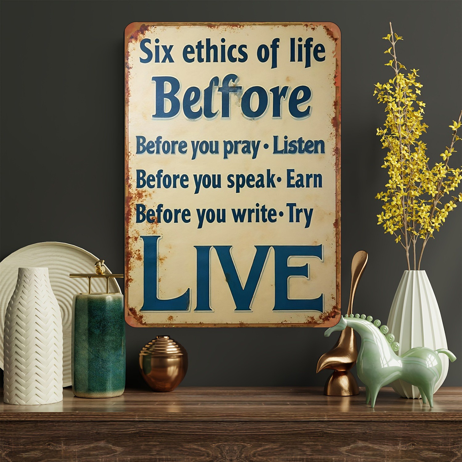 English Ethics Metal Wall Art – 6 Virtues Iron Sign