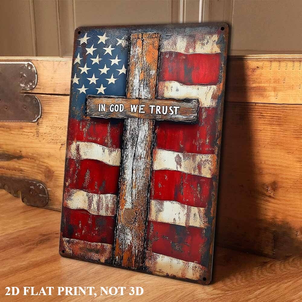 TIN SIGN American Flag with Cross Patriotic Sign Rustic Distressed Metal Decor