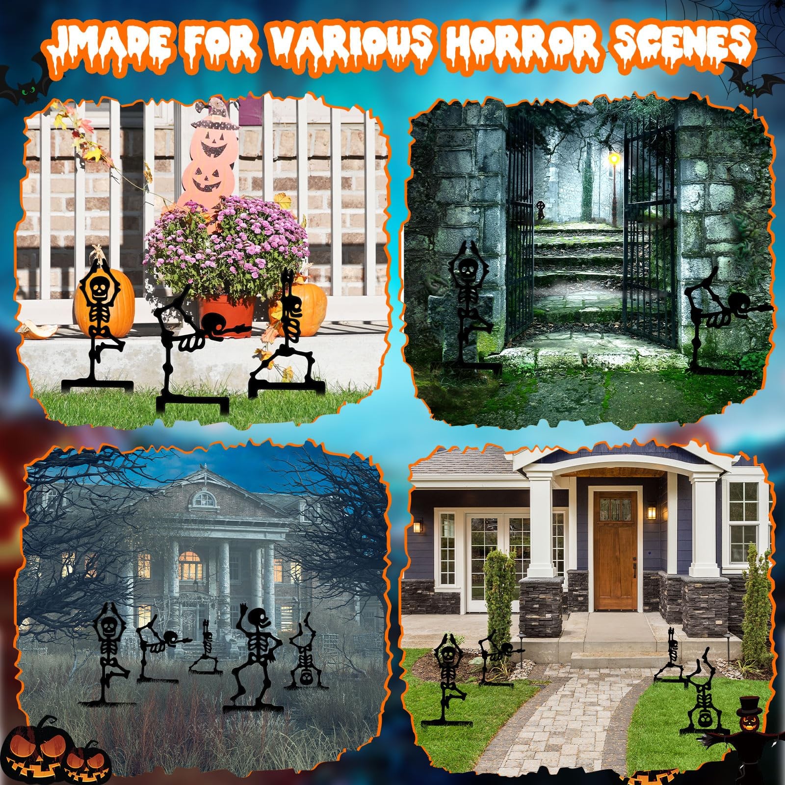 6 Pack Halloween Yard Stake 11.8″ Metal Skeleton Garden Stakes Black Hallowee…