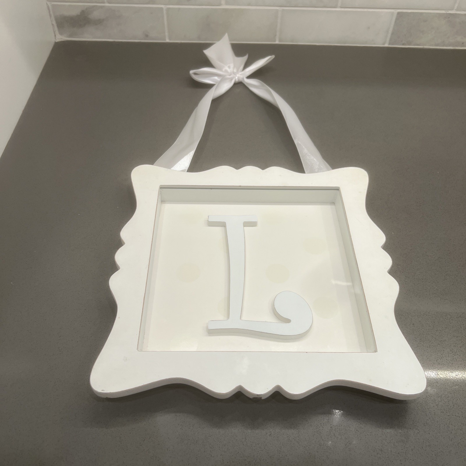 Letter~L~White Ribbon Hanging Picture Frame, Wooden Wall Decor, 9.5×9.5 in