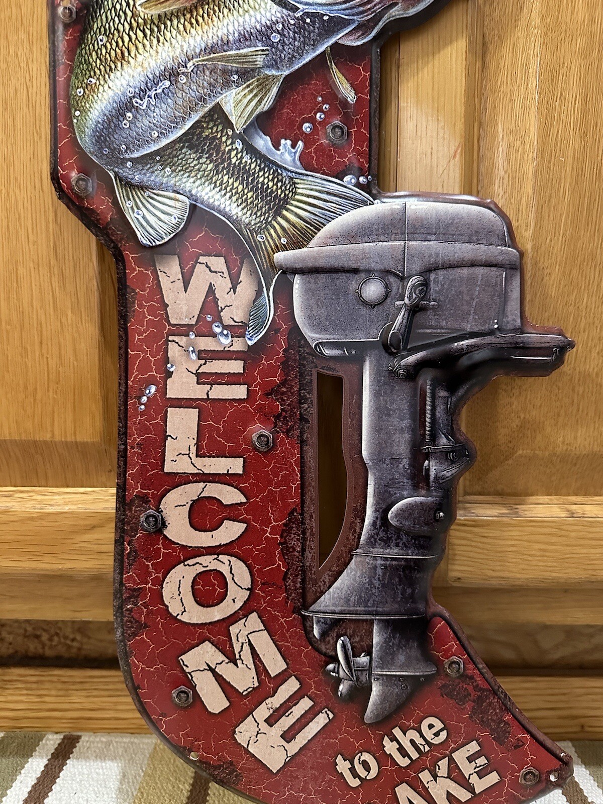 Welcome To The Lake Sign Boat Motor Bass Fishing Tackle Vintage Style Wall Decor