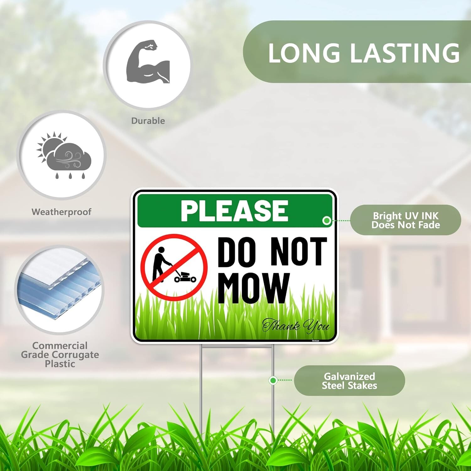 2PC Do Not Mow Sign with Stake, 12 Inches by 9 Inches – Corrugated Plastic – No