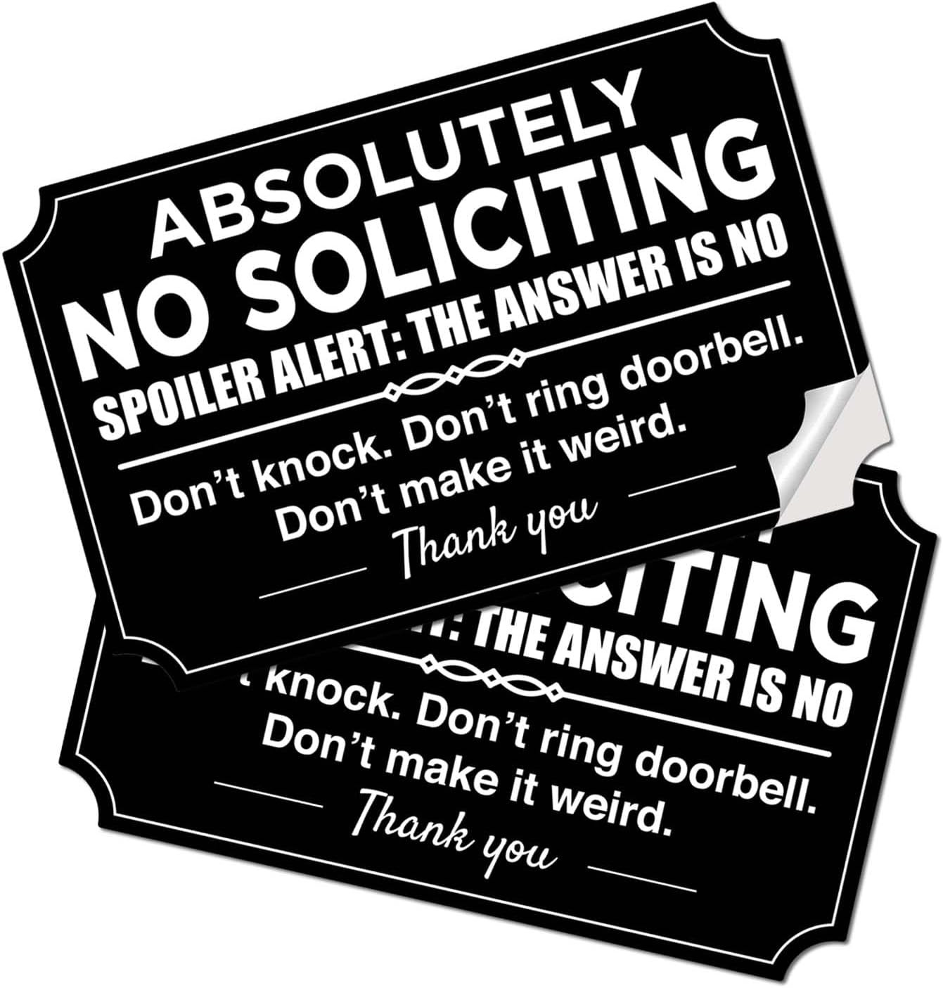 2 Pack Absolutely No Soliciting Sign for House – Weatherproof Self-Adhesive No S