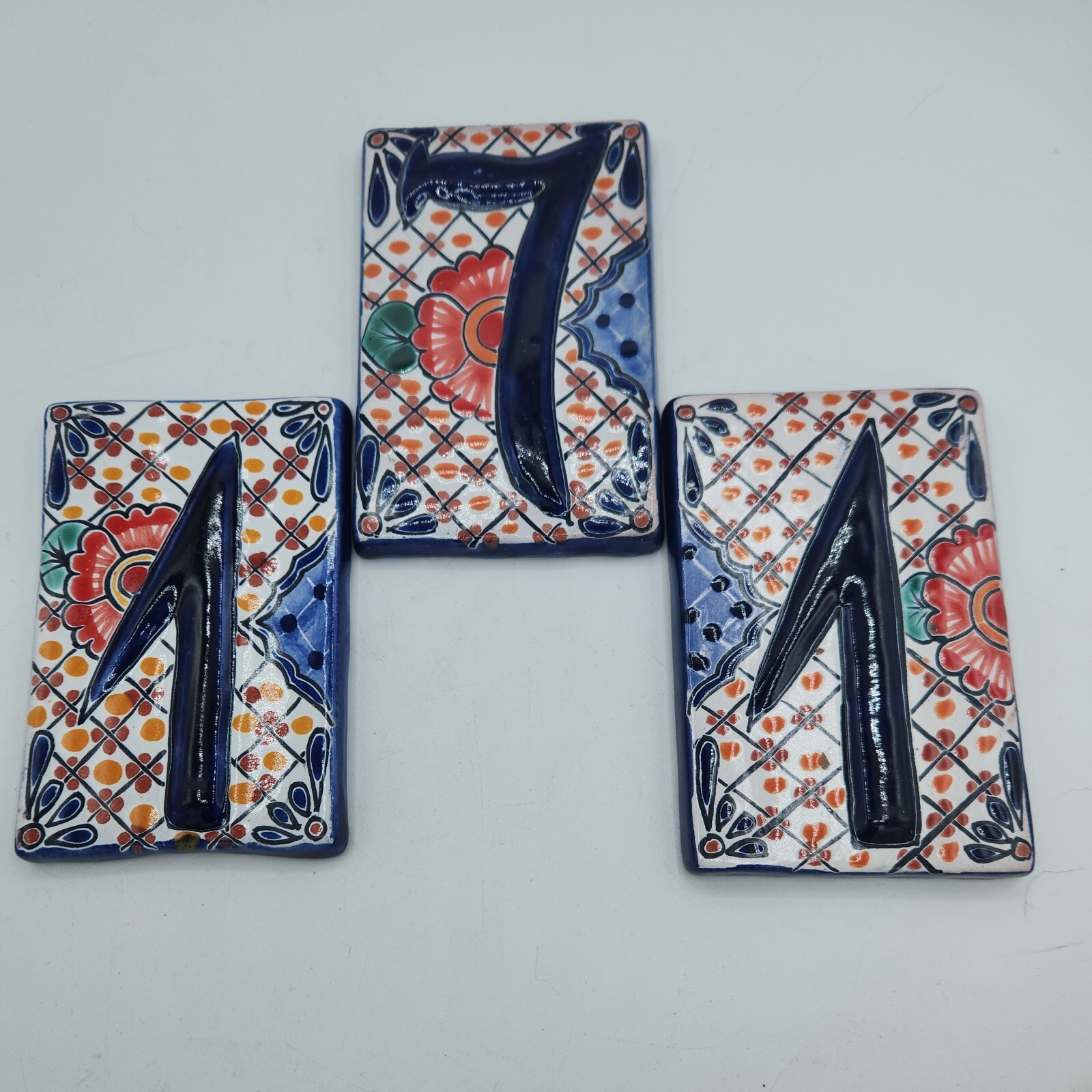 Talavera House Number 7, 1, 1 only Blue High Relief Made in Mexico