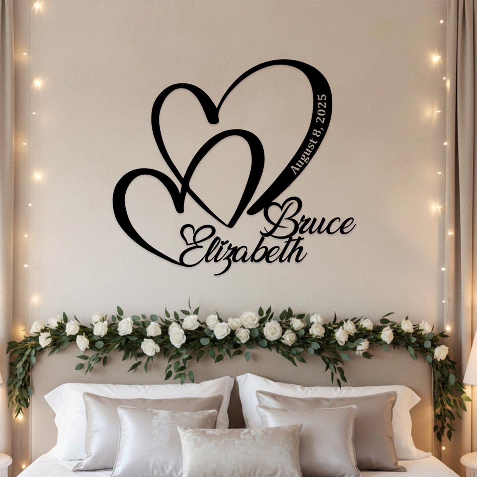 Personalized Double Heart Wall Sign, Custom Couple Name Decor