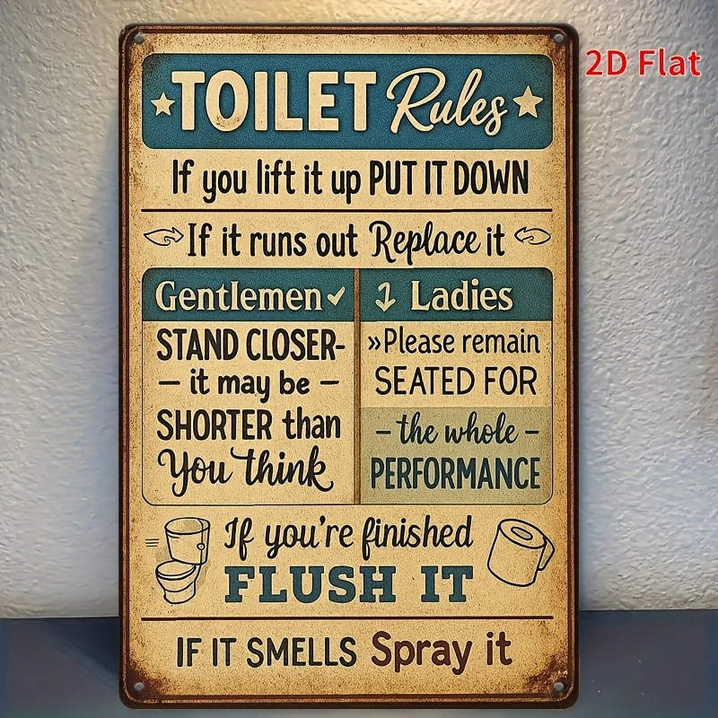 2D Metal Sign 8×12 inch Bathroom Rules Etiquette Wall Decor Iron
