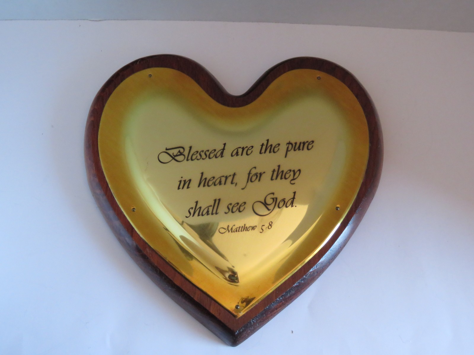 VTG Wood & Metal Gold Tone Heart Wall Plaque ” Blessed Are The Pure In Heart”