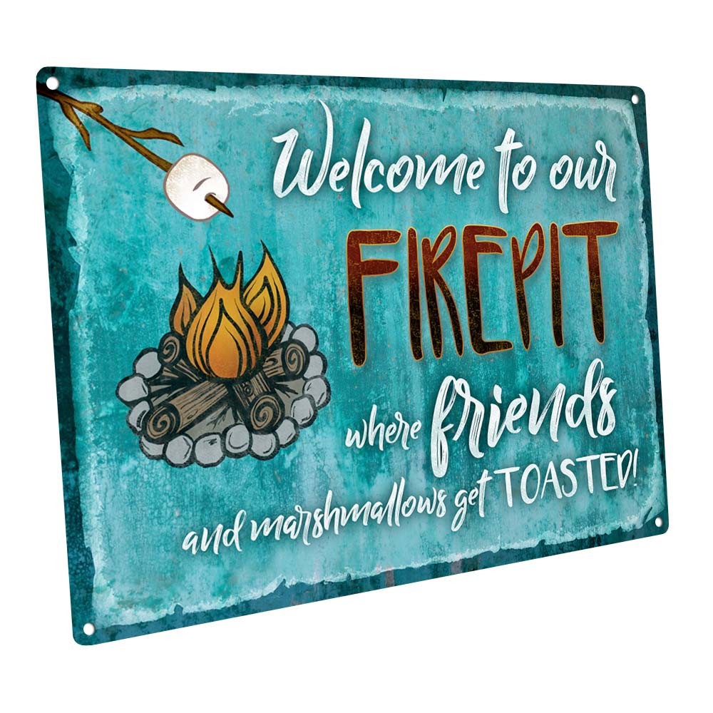 Welcome to our Firepit Metal Sign; Wall Decor for Porch, Patio, or Deck