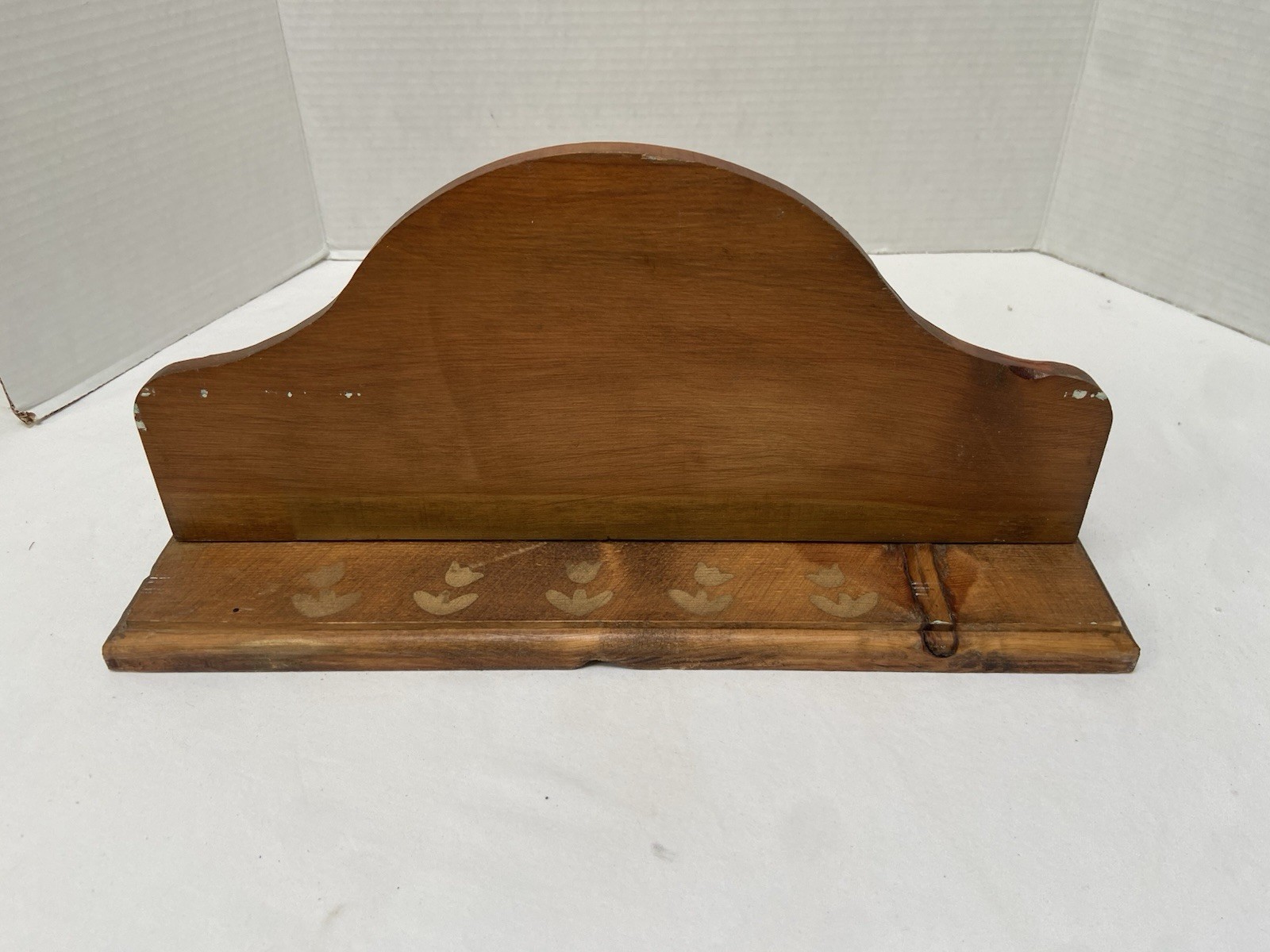 Vtg Solid Wood Wall Shelf Brown Gold Cat Stenciled Tulips Country Rustic Kitschy