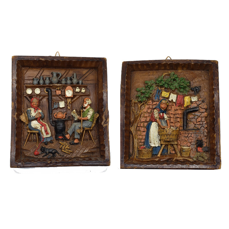 Vintage German 3D Wax Folk Art Wall Plaques Pair Hand Crafted Painted