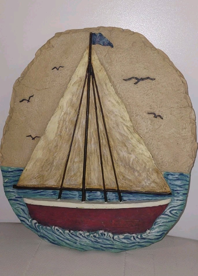 Faith Rollins Sailboat/Lighthouse Stepping Stone Wall Hanging Folk Art Plaque
