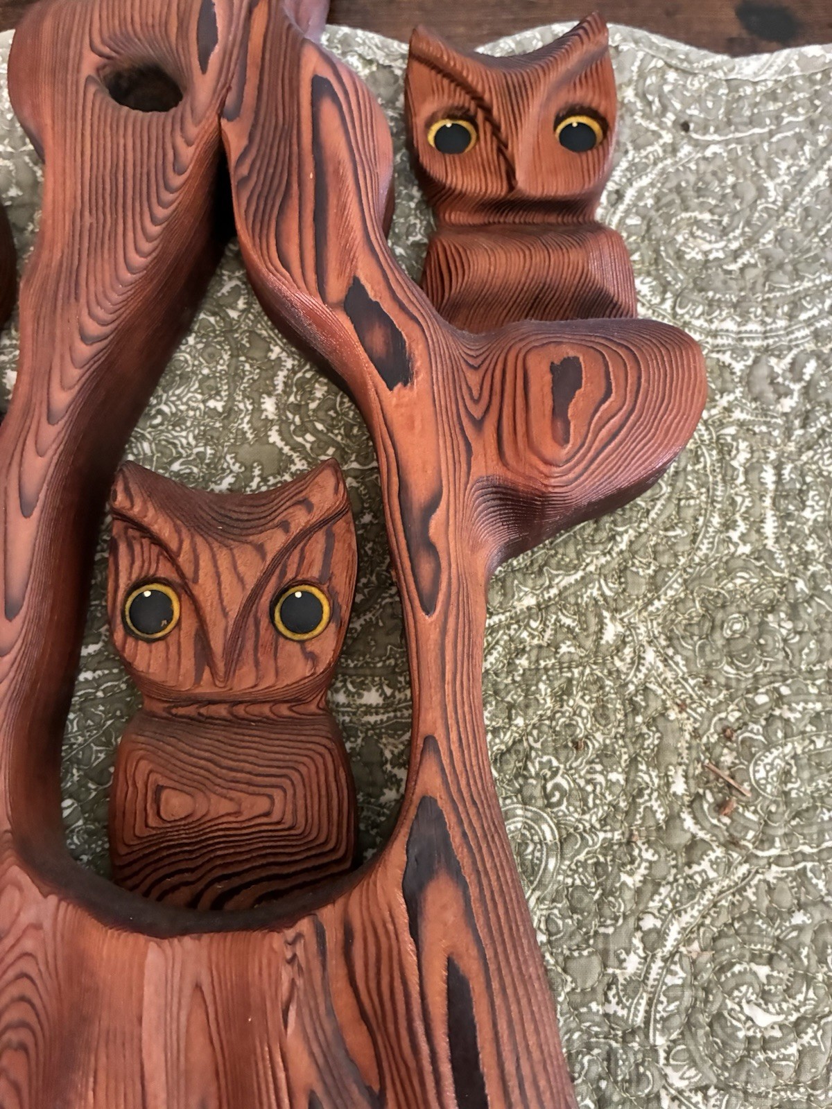 Vintage Wooden Owl Wall Plaque Trio Carved Rustic Decor Country Decor