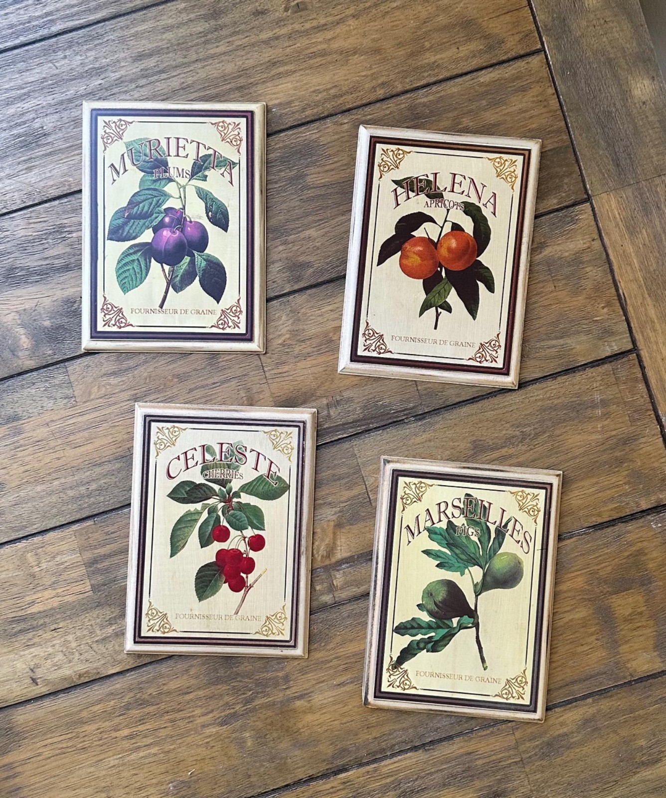 Vintage French Botanical Fruit Wall Plaques | Vintage Wall Decor Set of 4
