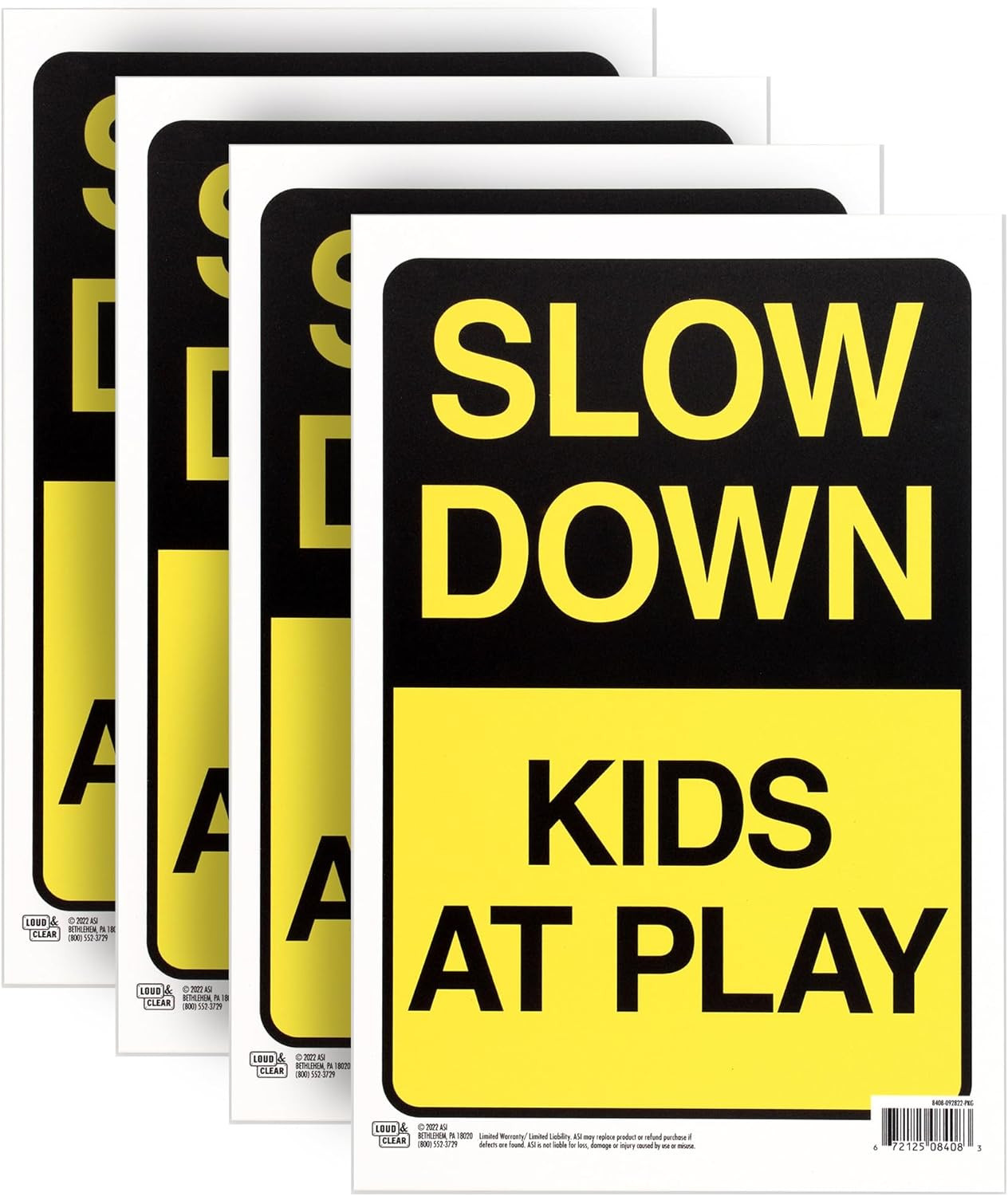 Slow down Kids at Play Sign, 4-Pack, 12X8 Inches – Kids at Play Safety Signs for